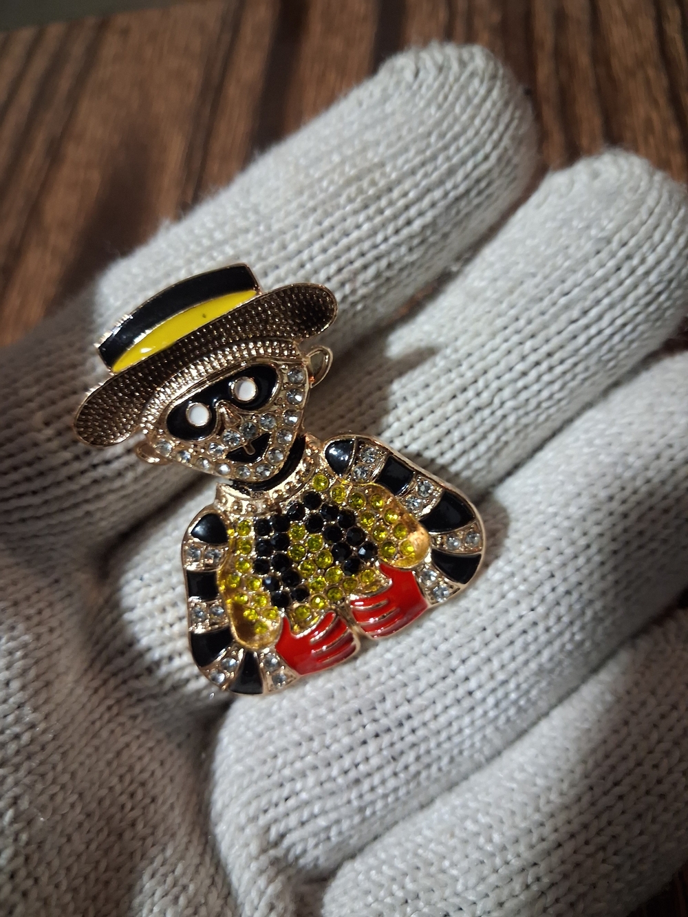 Crystal Embellished Novelty Brooch with Hat - Yellow, Black, Red